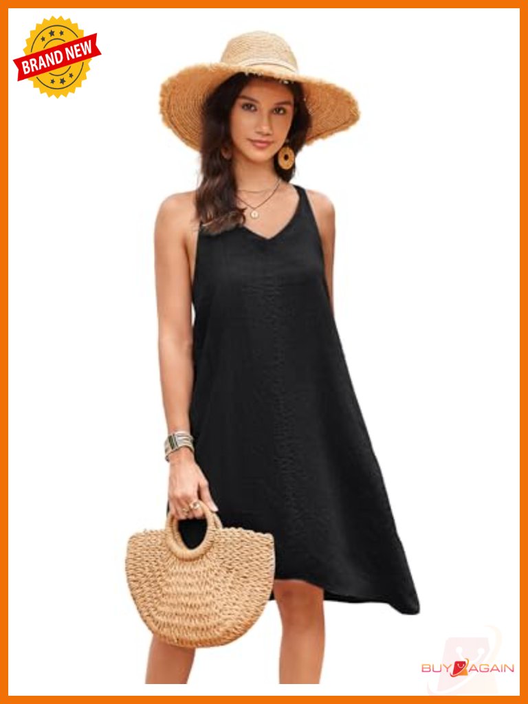 100% Linen Sleeveless V Neck Halter High Low Midi Dress With Pockets